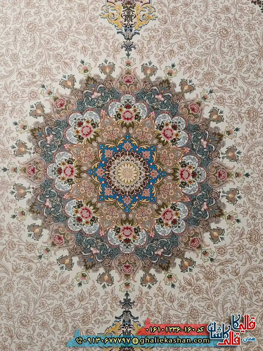 فرش 1200 شانه طرح طاق بستان رنگ کرم کاشان زمینه