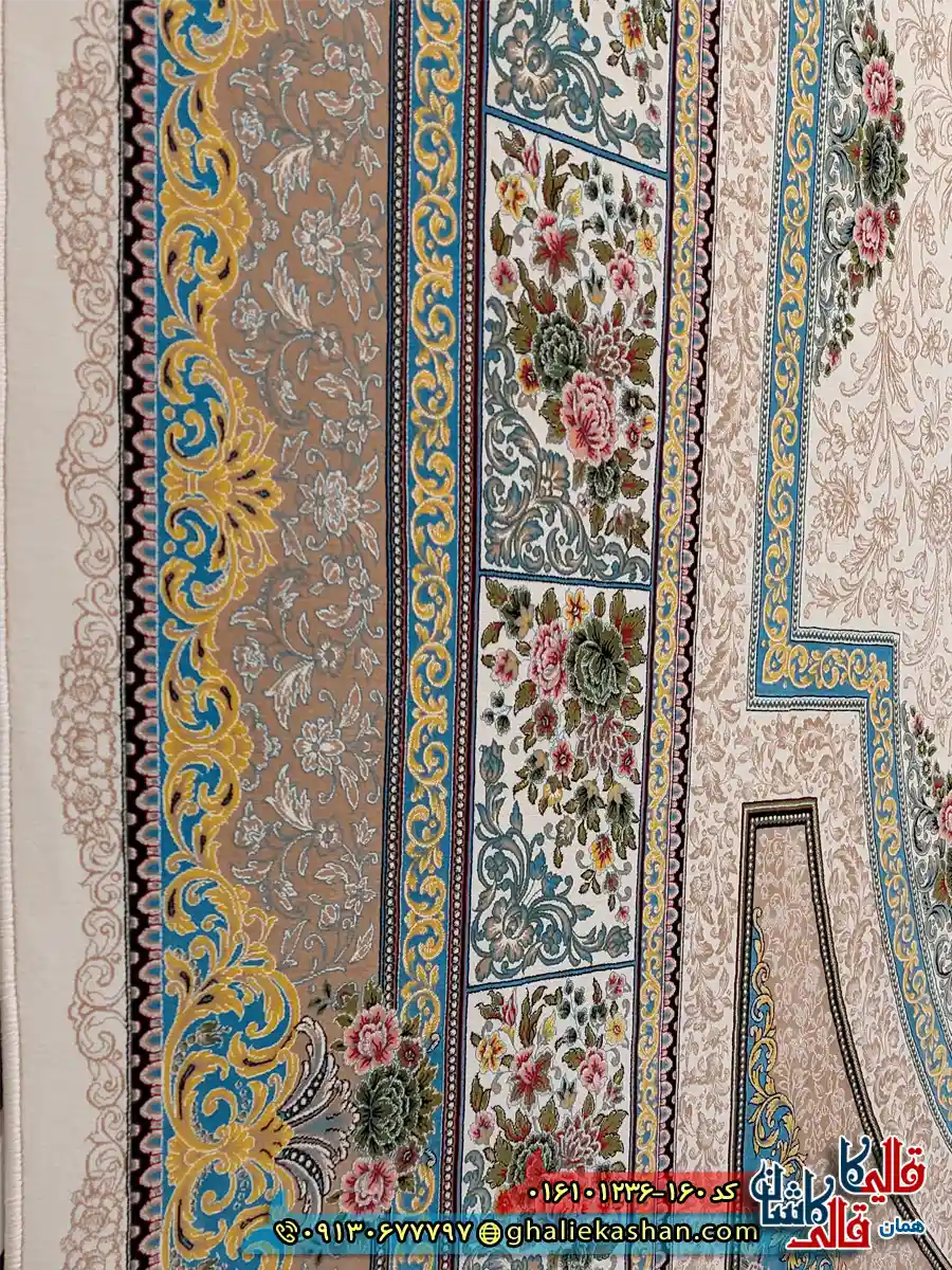 فرش 1200 شانه طرح طاق بستان رنگ کرم کاشان نزدیک