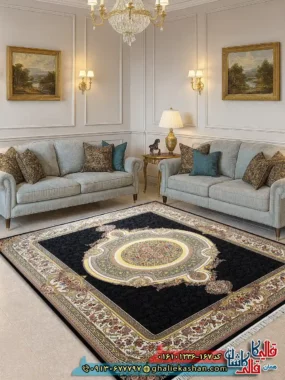 فرش 1200 شانه طرح فرگل رنگ سرمه ای کاشان