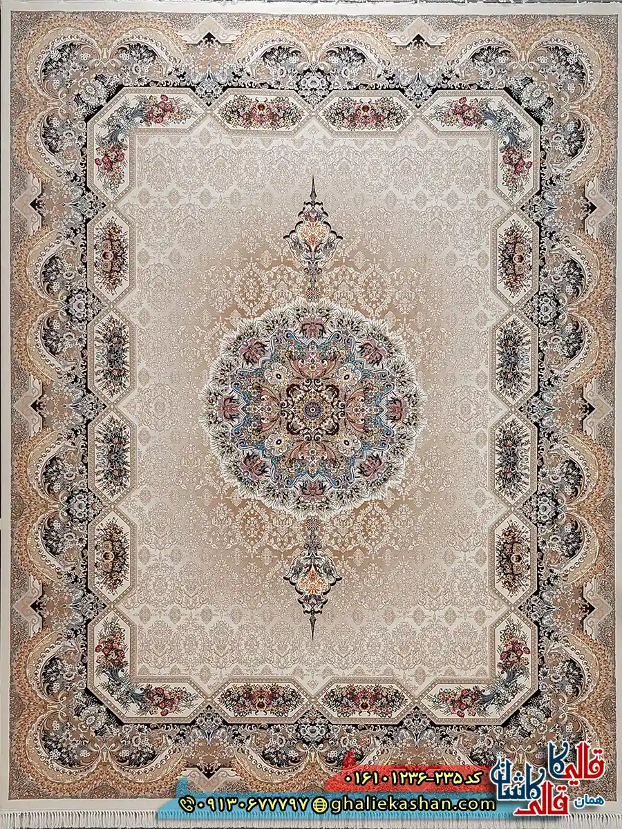 فرش 1200 شانه طرح هالیدی رنگ کرم کاشان اصلی