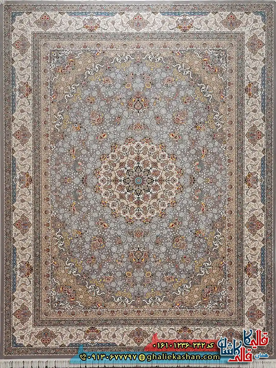 فرش 1200 شانه طرح هما رنگ طوسی نقره ای کاشان اصلی