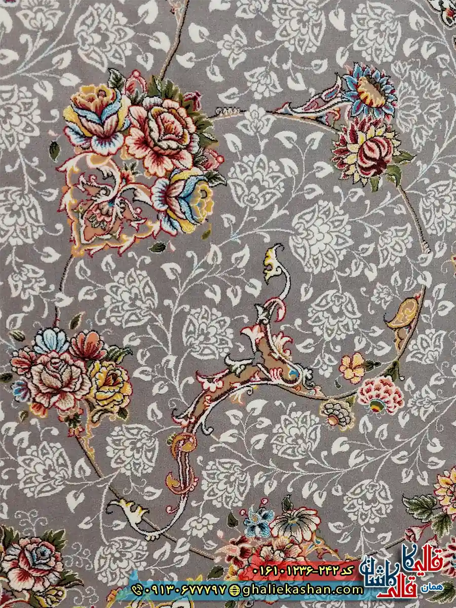 فرش 1200 شانه طرح هما رنگ طوسی نقره ای کاشان نزدیک