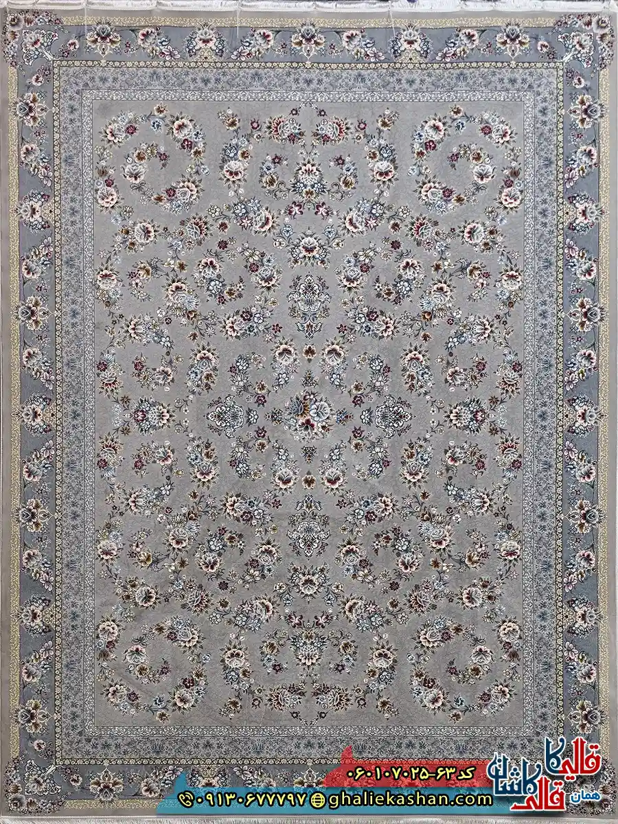 فرش 700 شانه طرح افشان ساحل رنگ فیلی ترمه ای کاشان اصلی