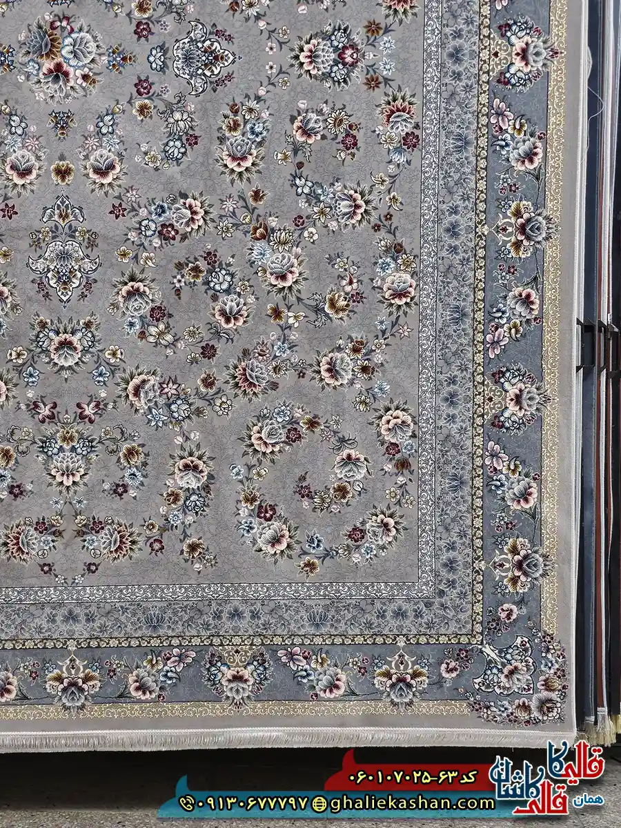 فرش 700 شانه طرح افشان ساحل رنگ فیلی ترمه ای کاشان حاشیه