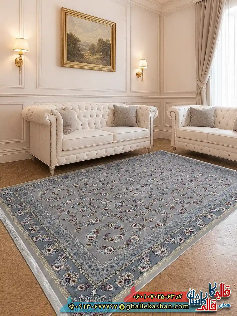 فرش 700 شانه طرح افشان ساحل رنگ فیلی ترمه ای کاشان دکوراسیون
