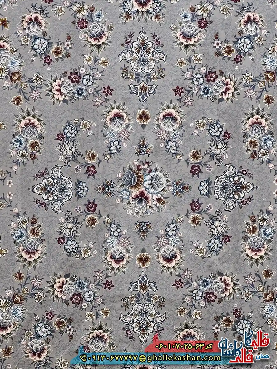 فرش 700 شانه طرح افشان ساحل رنگ فیلی ترمه ای کاشان زمینه