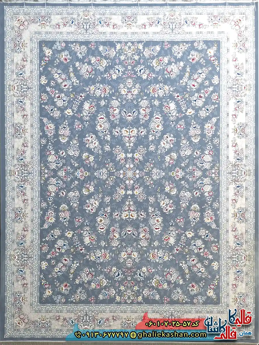 فرش 700 شانه طرح افشان ژینوس رنگ طوسی دودی کاشان اصلی