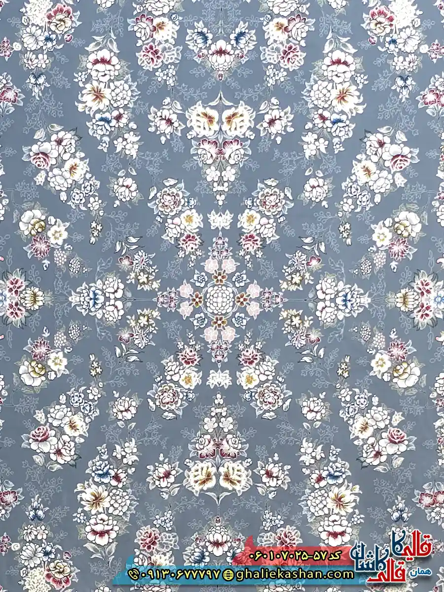 فرش 700 شانه طرح افشان ژینوس رنگ طوسی دودی کاشان زمینه