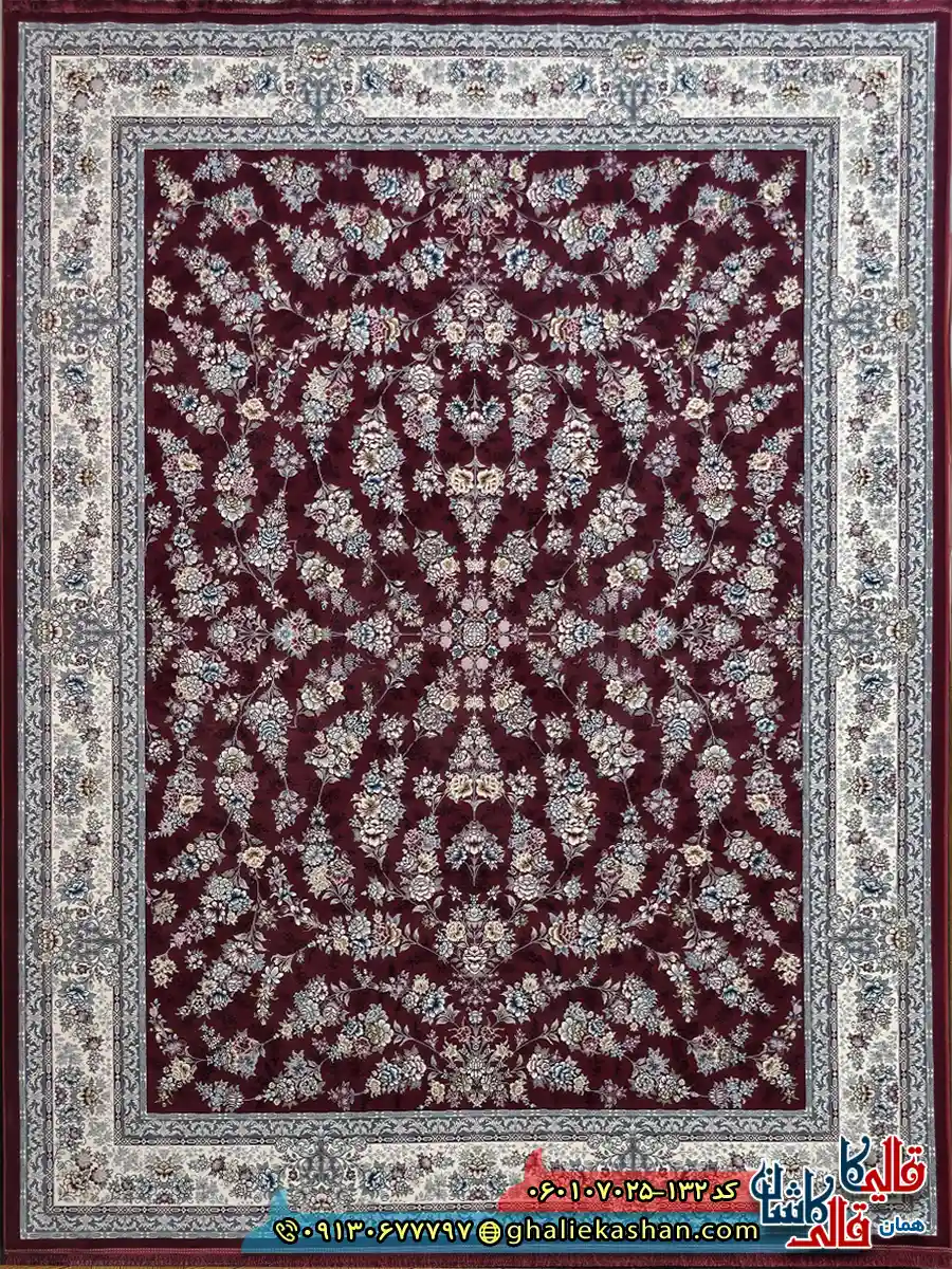 فرش 700 شانه طرح افشان ژینوس رنگ قرمز روناسی حاشیه کرم کاشان اصلی