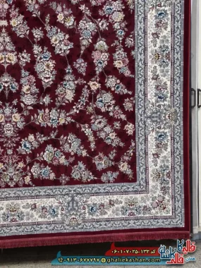 فرش 700 شانه طرح افشان ژینوس رنگ قرمز روناسی حاشیه کرم کاشان حاشیه