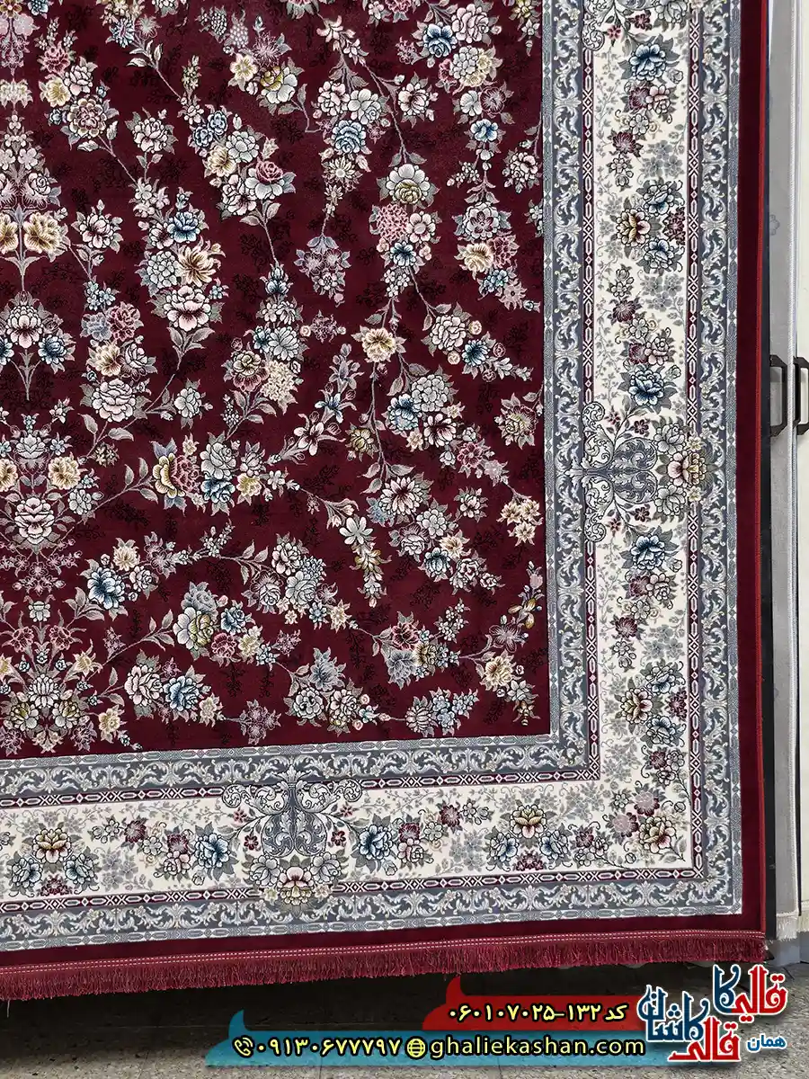 فرش 700 شانه طرح افشان ژینوس رنگ قرمز روناسی حاشیه کرم کاشان حاشیه