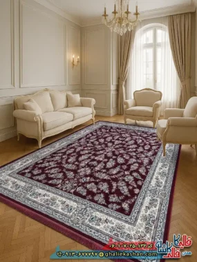 فرش 700 شانه طرح افشان ژینوس رنگ قرمز روناسی حاشیه کرم کاشان