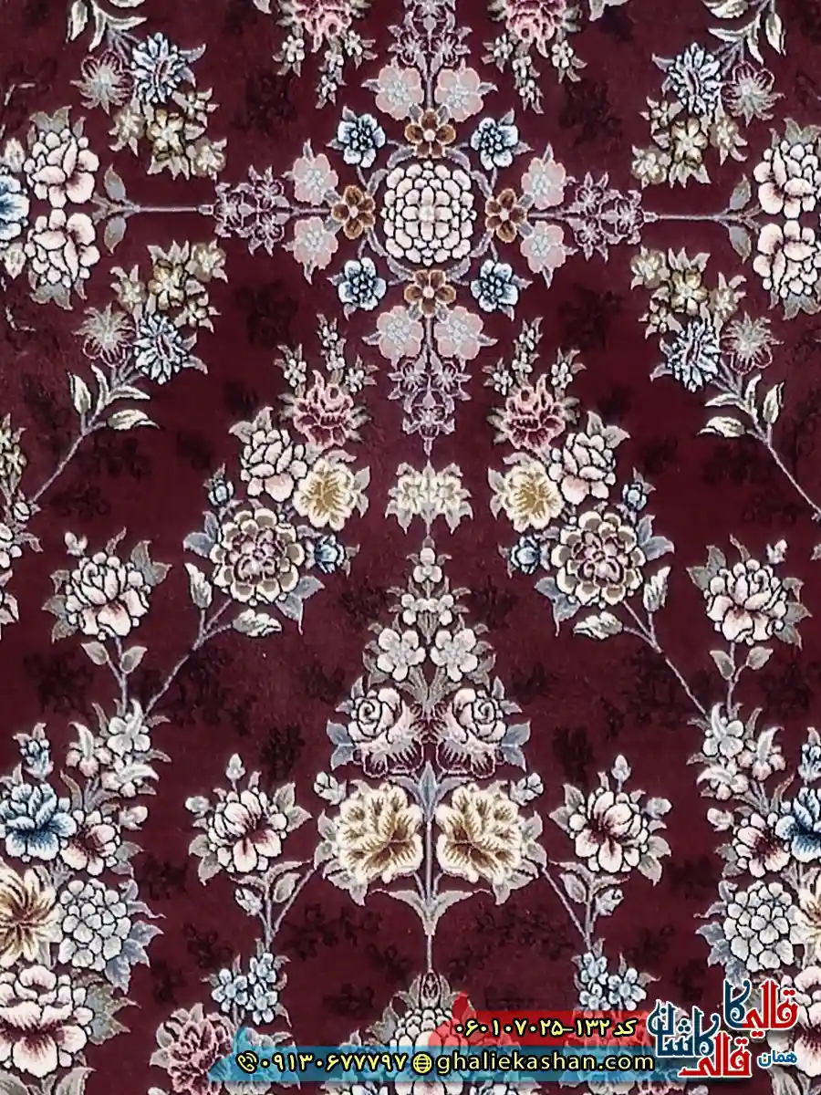 فرش 700 شانه طرح افشان ژینوس رنگ قرمز روناسی حاشیه کرم کاشان زمینه