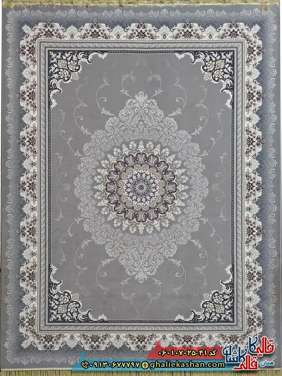 فرش 700 شانه طرح دلاریس رنگ طوسی نقره ای کاشان اصلی