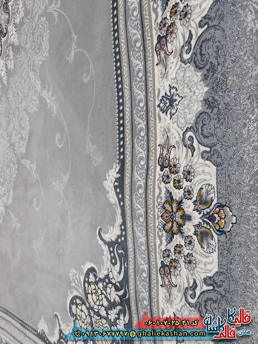 فرش 700 شانه طرح دلاریس رنگ طوسی نقره ای کاشان نزدیک