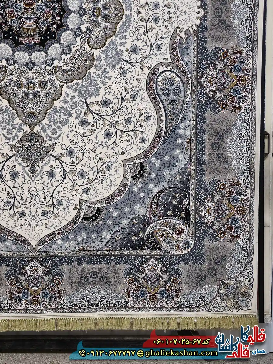 فرش 700 شانه طرح سوگند رنگ کرم کاشان خاشیه