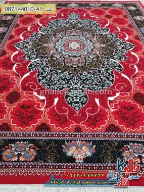 فرش ارزان طرح 700 شانه طرح چکاوک رنگ قرمز لاکی کاشان زمینه