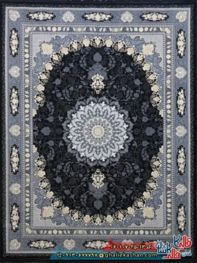 فرش طلاکوب 700 شانه طرح آنیسا رنگ سرمه ای کاشان اصلی