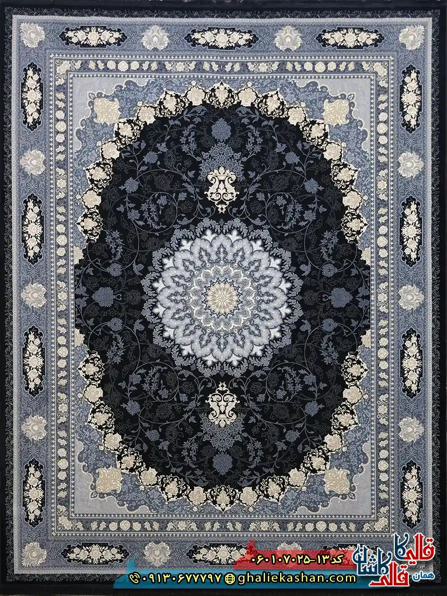 فرش طلاکوب 700 شانه طرح آنیسا رنگ سرمه ای کاشان اصلی