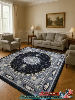 فرش طلاکوب 700 شانه طرح آنیسا رنگ سرمه ای کاشان