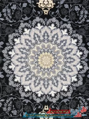 فرش طلاکوب 700 شانه طرح آنیسا رنگ سرمه ای کاشان زمینه
