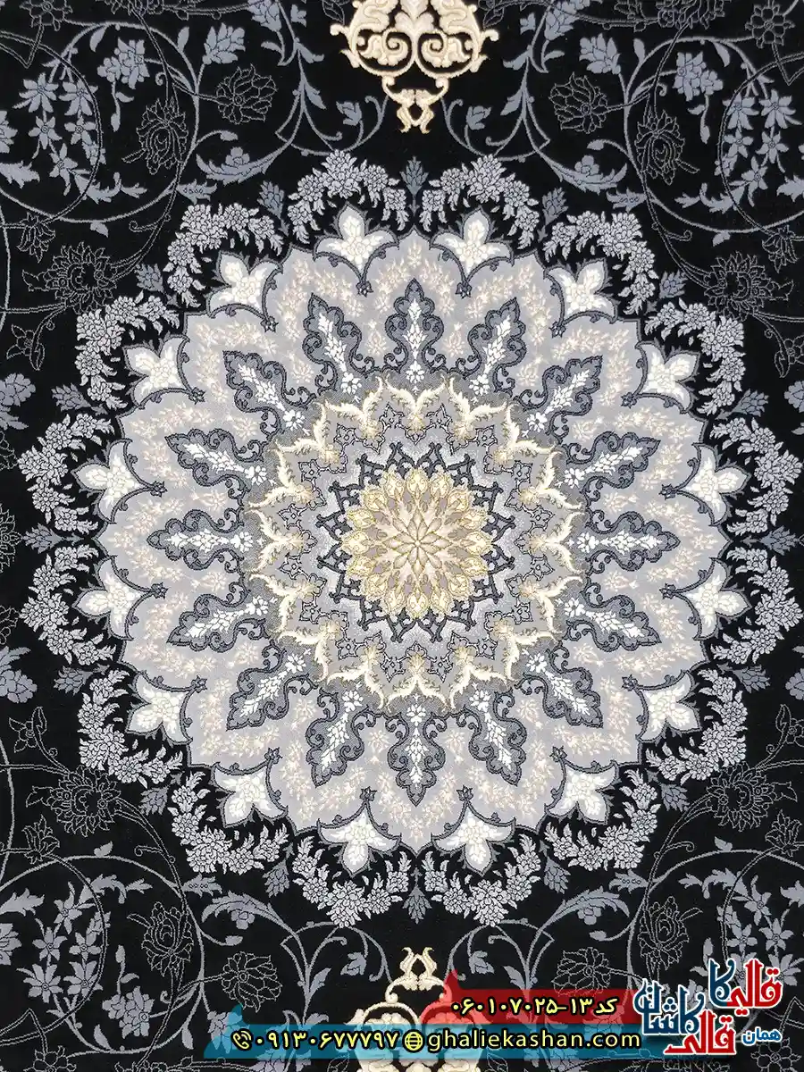 فرش طلاکوب 700 شانه طرح آنیسا رنگ سرمه ای کاشان زمینه