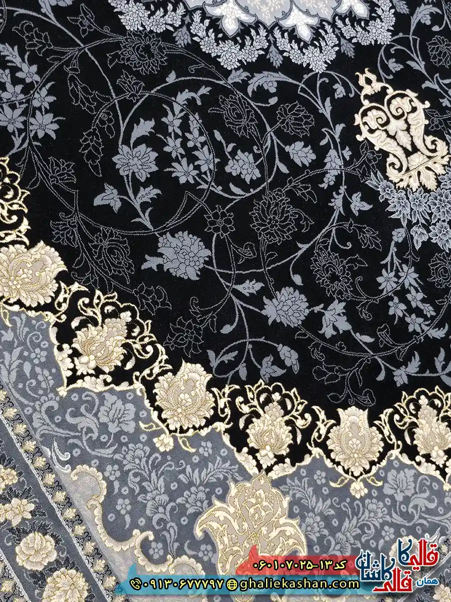 فرش طلاکوب 700 شانه طرح آنیسا رنگ سرمه ای کاشان نزدیک 2