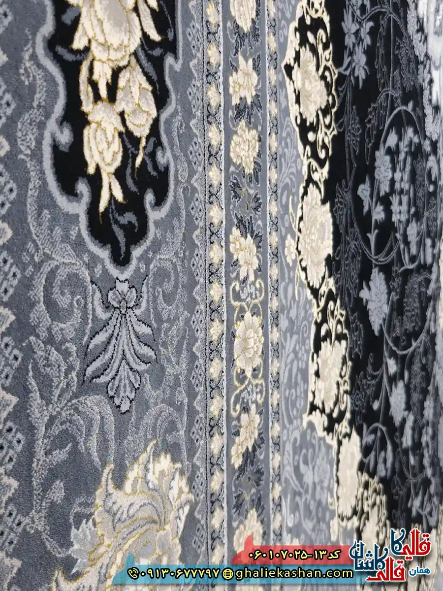 فرش طلاکوب 700 شانه طرح آنیسا رنگ سرمه ای کاشان نزدیک