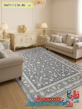 فرش طلاکوب 1200 شانه طرح افشان توتیا رنگ طوسی نقره ای کاشان