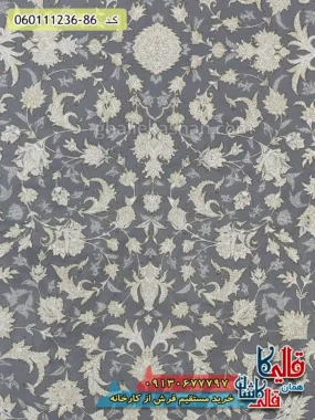 فرش طلاکوب 1200 شانه طرح افشان توتیا رنگ طوسی نقره ای کاشان زمینه