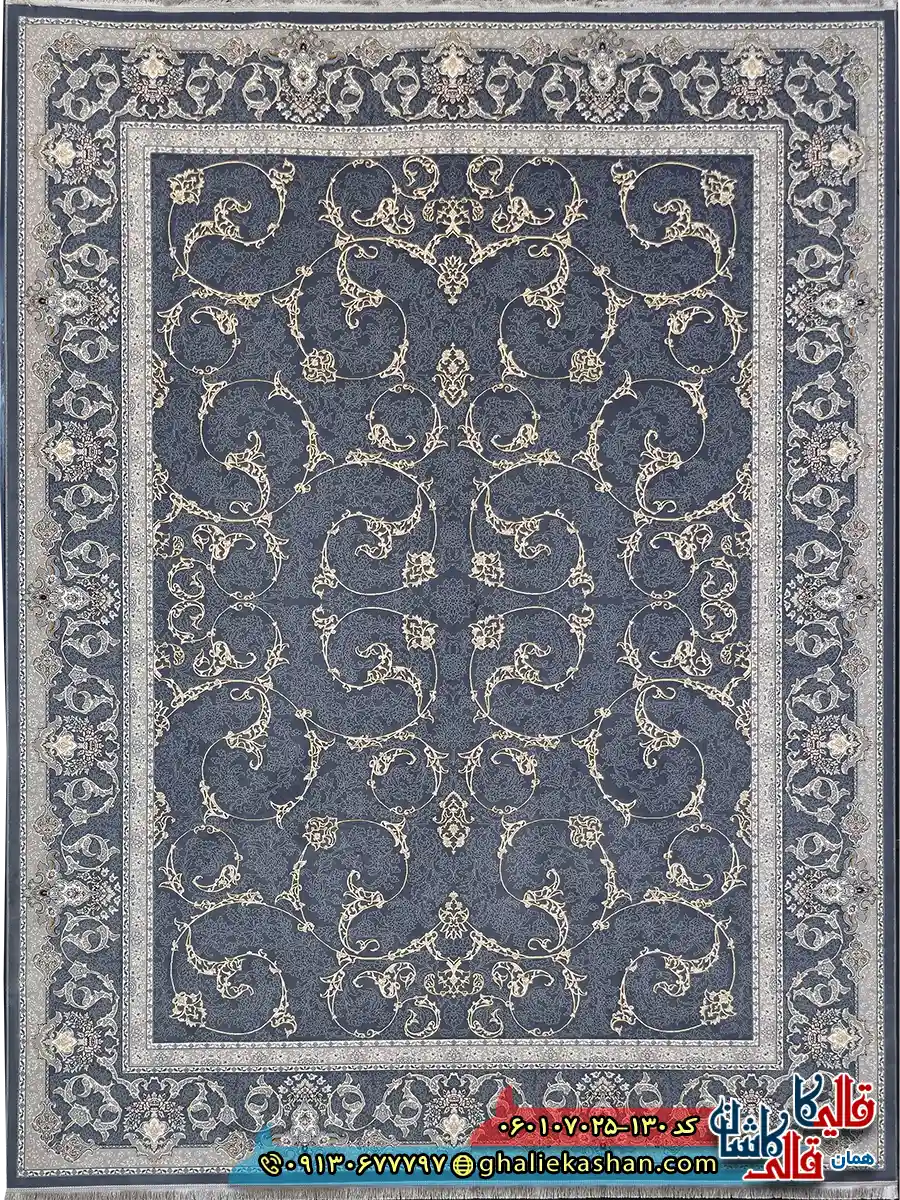 فرش طلاکوب 700 شانه طرح افشان جاوید رنگ طوسی دودی کاشان اصلی