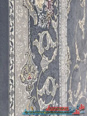 فرش طلاکوب 700 شانه طرح افشان جاوید رنگ طوسی دودی کاشان نزدیک