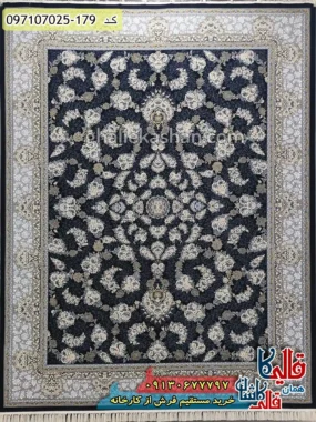 فرش طلاکوب 700 شانه طرح افشان درباری رنگ سرمه ای کاشان اصلی