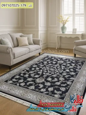 فرش طلاکوب 700 شانه طرح افشان درباری رنگ سرمه ای کاشان