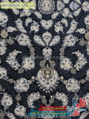 فرش طلاکوب 700 شانه طرح افشان درباری رنگ سرمه ای کاشان زمینه