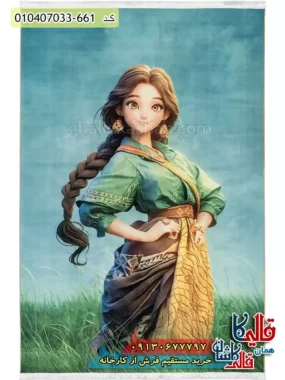 فرش کودک دخترانه 700 شانه طرح دختر دشت رنگ سبز و آبی کاشان اصلی