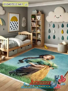 فرش کودک دخترانه 700 شانه طرح دختر دشت رنگ سبز و آبی کاشان