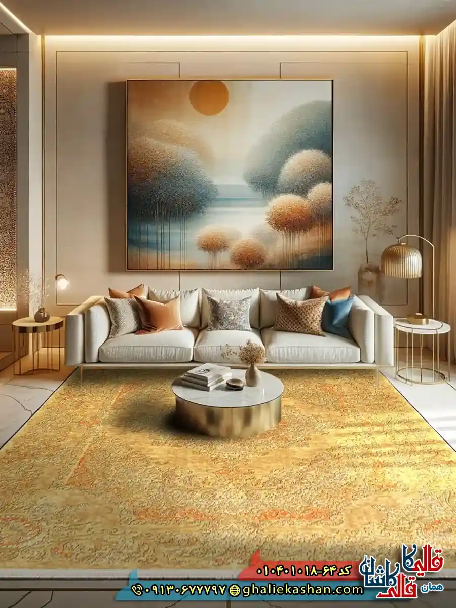 فرش وینتیج 1000 شانه طرح زرین خرم زمینه زرد و نارنجی کاشان دکوراسیون