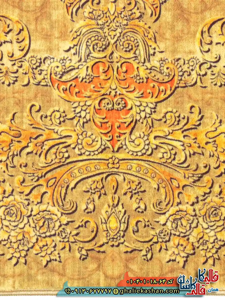 فرش وینتیج 1000 شانه طرح زرین خرم زمینه زرد و نارنجی کاشان نزدیک3