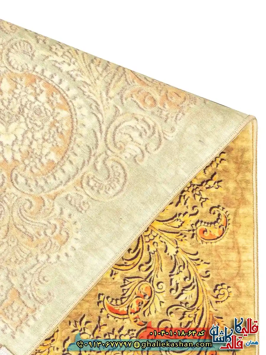 فرش وینتیج 1000 شانه طرح زرین خرم زمینه زرد و نارنجی کاشان نزدیک4