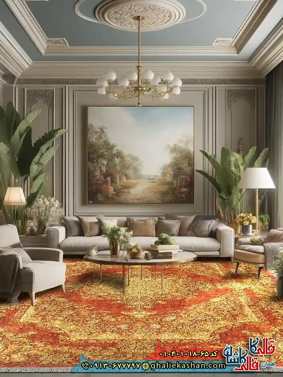 فرش 1000 شانه طرح زرین خرم زمینه عنابی کاشان دکوراسیون