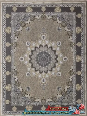 فرش 1000 شانه طرح شاهکار اصفهان رنگ بژ نقره ای گل برجسته کاشان اصلی