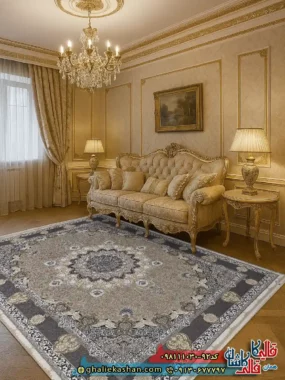 فرش 1000 شانه طرح شاهکار اصفهان رنگ بژ نقره ای گل برجسته کاشان