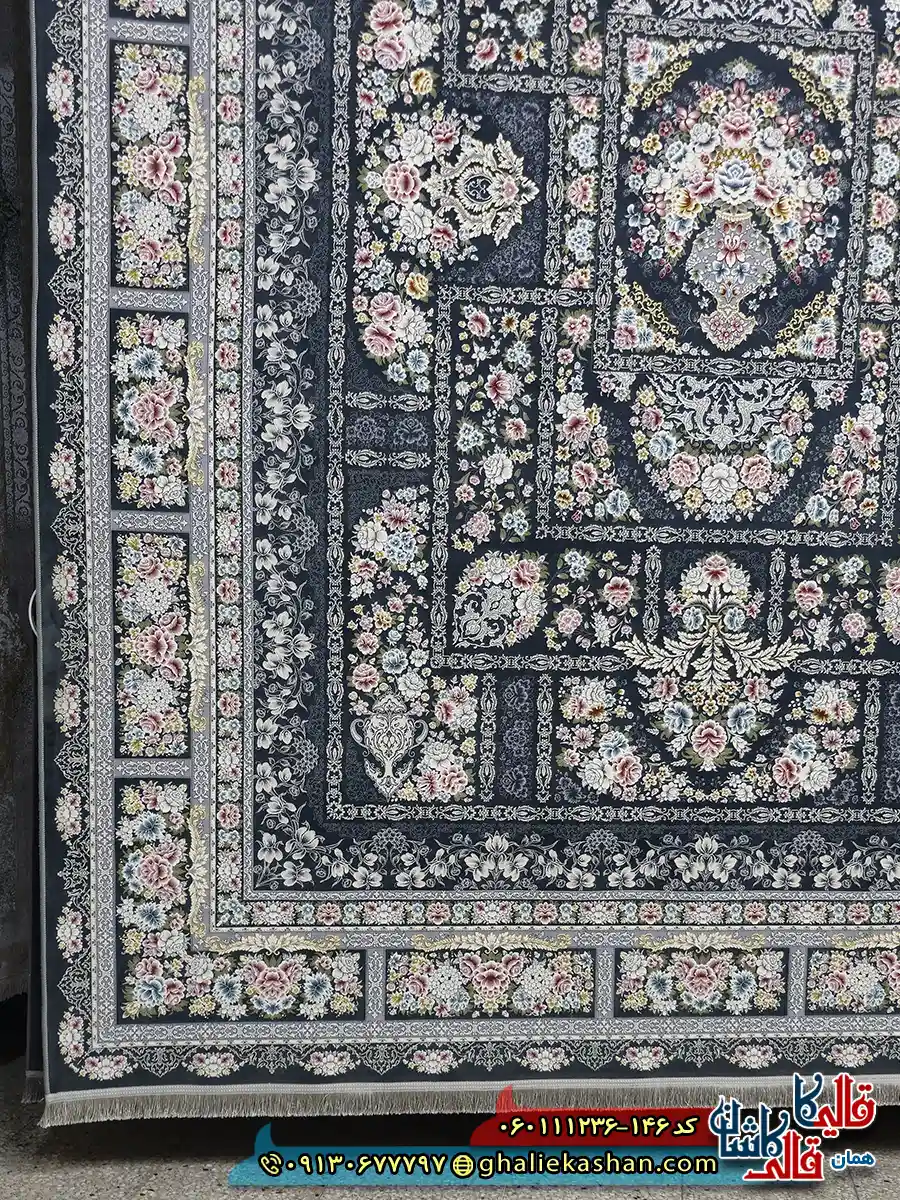 فرش 1200 شانه خشتی طرح باران رنگ طوسی دودی گل برجسته کاشان حاشیه