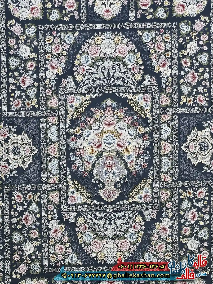 فرش 1200 شانه خشتی طرح باران رنگ طوسی دودی گل برجسته کاشان زمینه