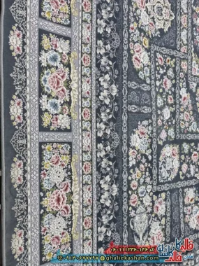 فرش 1200 شانه خشتی طرح باران رنگ طوسی دودی گل برجسته کاشان نزدیک