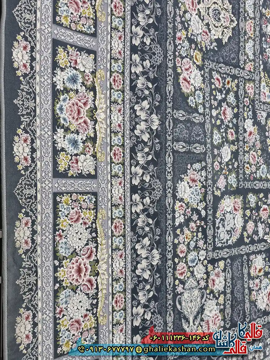 فرش 1200 شانه خشتی طرح باران رنگ طوسی دودی گل برجسته کاشان نزدیک