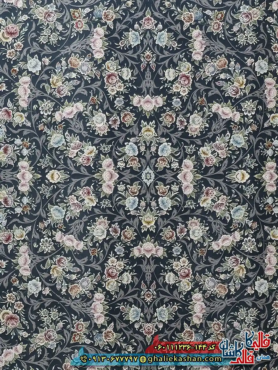 فرش 1200 شانه طرح افشان آوینا رنگ طوسی دودی گل برجسته کاشان زمینه