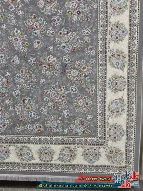 فرش 1200 شانه طرح افشان ثمین رنگ طوسی نقره ای گل برجسته کاشان حاشیه
