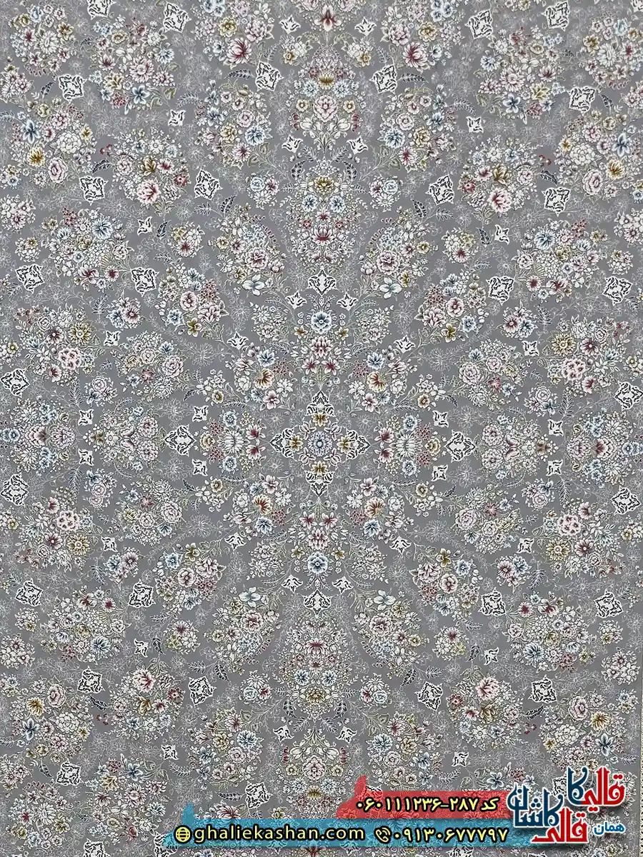 فرش 1200 شانه طرح افشان ثمین رنگ طوسی نقره ای گل برجسته کاشان زمینه